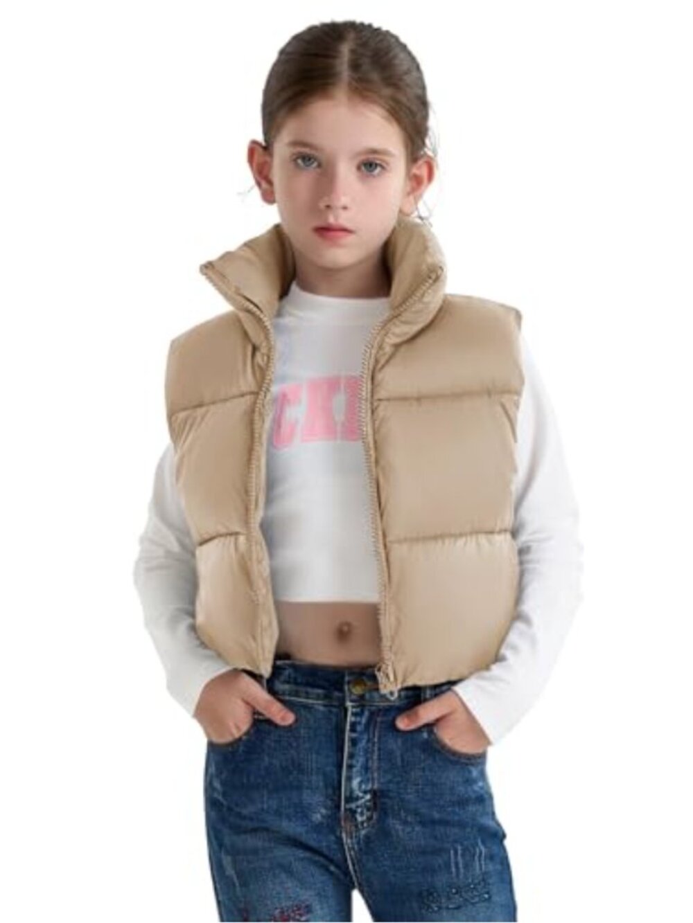 Girls Puffer Vest Faux-Down Cropped Lightweight Water-Resistant Sleeveless